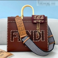 Buy Discount Fendi Sunshine Stitching Leather Medium Shopper Tote Bag FD0301 Brown 2021
