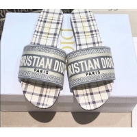 Top Quality Dior Dway Flat Slide Sandals in Grey Check'n'Dior Embroidered Cotton 061130