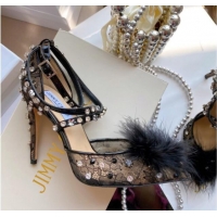 Duplicate Jimmy Choo ODETTE 100 Lace Wraparound Heels Pump with Feather and Crystal 061765 Black