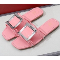 Cute Roger Vivier Calfskin Square Buckle Flat Slide Sandals 042771 Pink 2021