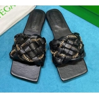Low Price Bottega Veneta Leather Chain Woven Flat Slide Sandals 0430103 Black 2021