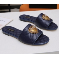New Style Dolce&Gabbana DG Charm Calfskin Flat Slide Sandals 033079 Navy Blue 2021