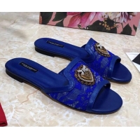 Low Cost Dolce&Gabbana DG Lace Flat Slide Sandals 033169 Royal Blue 2021