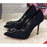 New Style Dolce&Gabbana DG Lace Crystal High- Heel Pumps 10.5cm 033181 Black
