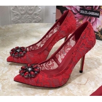 Best Design Dolce&Gabbana DG Lace Crystal High- Heel Pumps 10.5cm 033181 Red 2021
