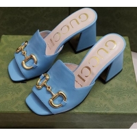 Sumptuous Gucci Leather Slide Sandal with Horsebit 7cm 043041 Blue 2021