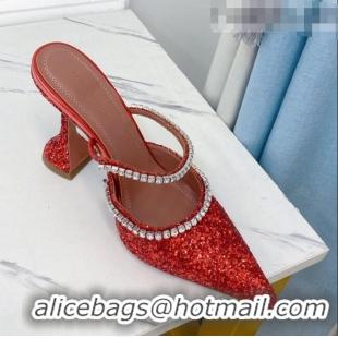 Low Price Amina Muaddi Sequins Crystal Strap Mules 9.5cm AM1017 Red 2021