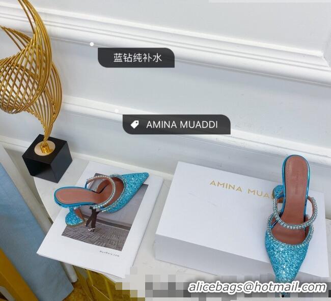 Inexpensive Amina Muaddi Sequins Crystal Strap Mules 9.5cm AM1017 Blue 2021