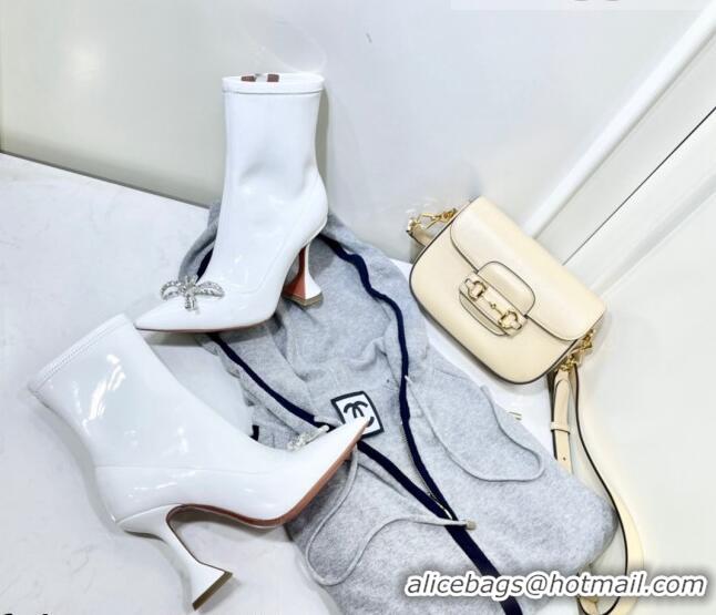 Discount Amina Muaddi Patent Leather Short Boots with Crystal Bow AM2310 White 2021