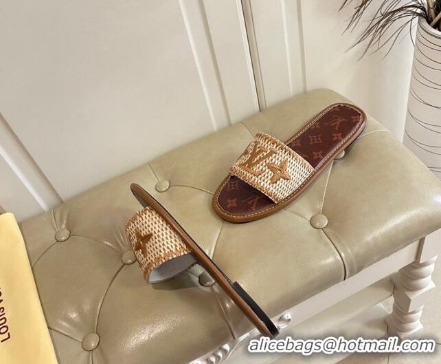 New Style Louis Vuitton Lock It Raffia and Monogram Canvas Slide Sandals 070810 Brown