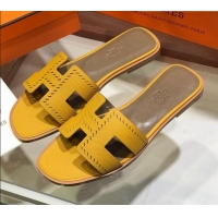 Grade Hermes Santorini Epsom Calfskin Cut-out Classic H Flat Slide Sandals 070512 Yellow