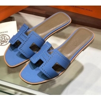 Top Grade Hermes Santorini Epsom Calfskin Cut-out Classic H Flat Slide Sandals 070514 Blue