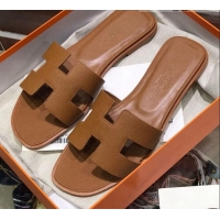 Cute Hermes Santorini Epsom Calfskin Classic H Flat Slide Sandals 070533 Brown
