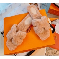 Good Quality Hermes Oran Wool Classic H Flat Slide Sandals 070662 Apricot 2021