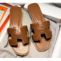 1:1 aaaaa Hermes Oran Classic Calfskin Flat Slide Sandal 070967 Brown