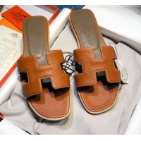 Good Quality Hermes Oran Classic Calfskin Flat Slide Sandal 070975 Brown
