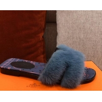 Hot Style Hermes Oran Mink Fur Flat Slide Sandals 081433 Dark Blue