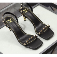 Unique Grade Valentino Roman Stud Calfskin Heel Sandals 7cm 032916 Black/Gold