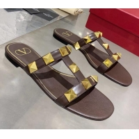 Super Quality Valentino Roman Stud Calfskin Flat Slide Sandals 061572 Brown