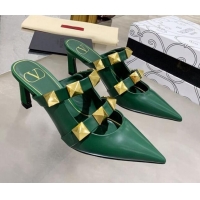 Low Cost Valentino Roman Stud Calfskin Heel Mules with Sculpted Strap 061580 Green