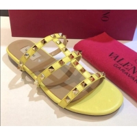 Best Luxury Valentino Rockstud Triple Leather Flat Slide Sandals 071338 Yellow 2021