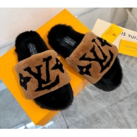New Style Louis Vuitton Mink Fur and Shearling Flat Slide Sandals 092554 Brown/Black