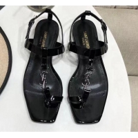 Best Luxury Saint Laurent YSL Patent Leather Flat Thong Sandals 070656 Black 2021