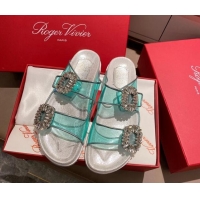 Best Price Roger Vivier Double Buckle Transparent Flat Slide Sandals 071357 Blue
