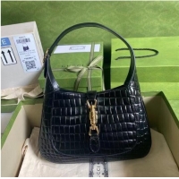 Super Quality Gucci Jackie 1961 crocodile small shoulder bag 636709 black