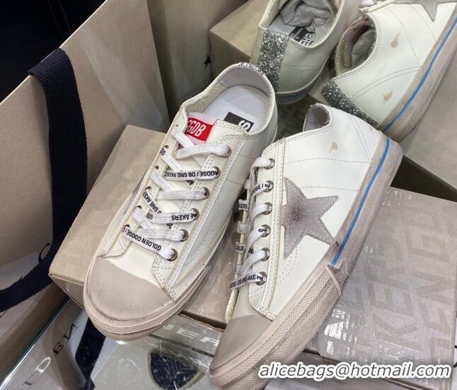 1:1 aaaaa Golden Goose White Leather V-Star Sneakers with Glittery Vertical Strip 1029053
