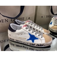 Unique Grade Golden Goose Super-Star Sneakers in White Leather with Black Heel Tab and Blue Star 027064