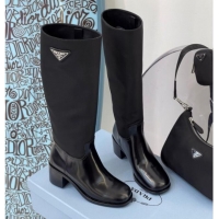 Discount Design Prada Brushed Leather and Nylon High-Leg Boots 091804 Black