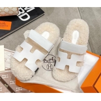 Low Cost Hermes Chypre Shearling and Suede Flat Sandals 092549 White