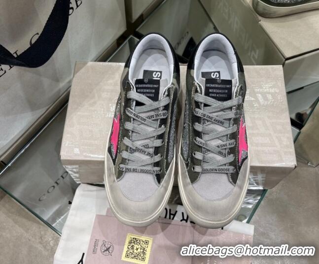 Stylish Golden Goose Super-Star Sneakers in Silver Glitter and Camouflage Canvas 105067