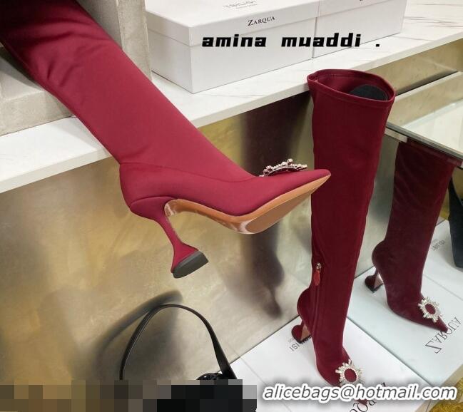 Lower Price Amina Muaddi Lycra Over-Knee High Boots 9.5cm with Crystal Charm Red 111219