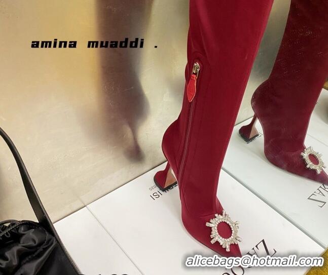 Lower Price Amina Muaddi Lycra Over-Knee High Boots 9.5cm with Crystal Charm Red 111219