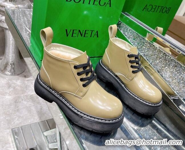 Best Price Bottega Veneta Shiny Leather & Wool Short Boots 111312 Khaki