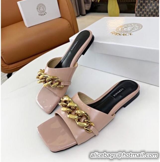 Best Luxury Versace Shiny Leather Chain Flat Slide Sandals 042998 Pink