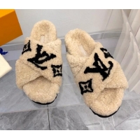 Grade Quality Louis Vuitton Cross Strap Shearling Slide Sandals 117120 Beige/Black