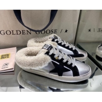 Feminine Golden Goose Super-Star Sabots in Silver Leather with Shearling Lining and Black Star 105099