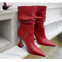 Luxury Amina Muaddi Pleated Calfskin Short Boots 9.5cm Red 111204