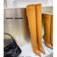 Purchase Amina Muaddi Calfskin Over-Knee High Boots 9.5cm Tan Brown 111214
