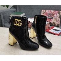 Good Product Dolce & Gabbana DG Patent Leather Ankle Short Boots 10.5cm 111536 Black/Gold