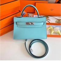 Good Quality Hermes Kelly 19cm Shoulder Bags Epsom Leather KL19 Silver hardware sky blue