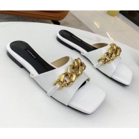 Good Quality Versace Shiny Leather Chain Flat Slide Sandals 042995 White