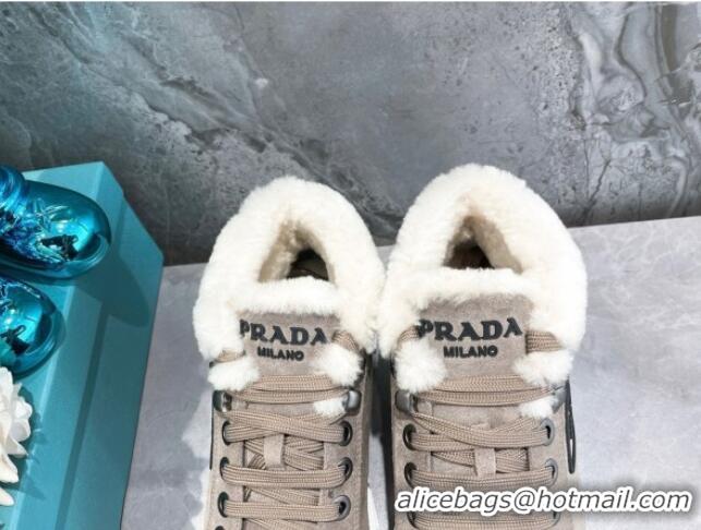 Low Price Prada Suede and Wool High-Top Sneakers Grey 111859