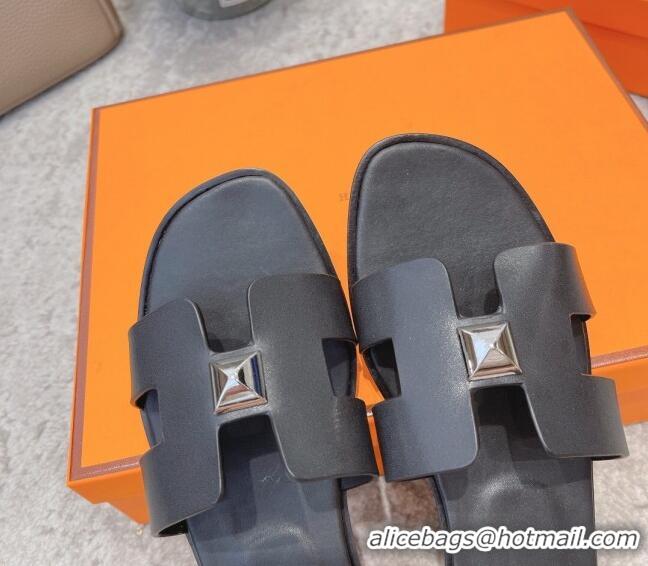 Perfect Hermes Oran One Stud H Flat Slide Sandals in Epson Leather 122013 Black/Silver