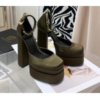 Top Quality Versace Medusa Aevitas Satin Platform Pumps 15cm Dark Green 112431