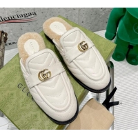 Stylish Gucci Leather Shearling Slippers with Double G White 111629