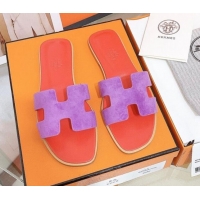 Good Product Hermes Oran Suede Flat Slide Sandals 121615 Purple/Orange